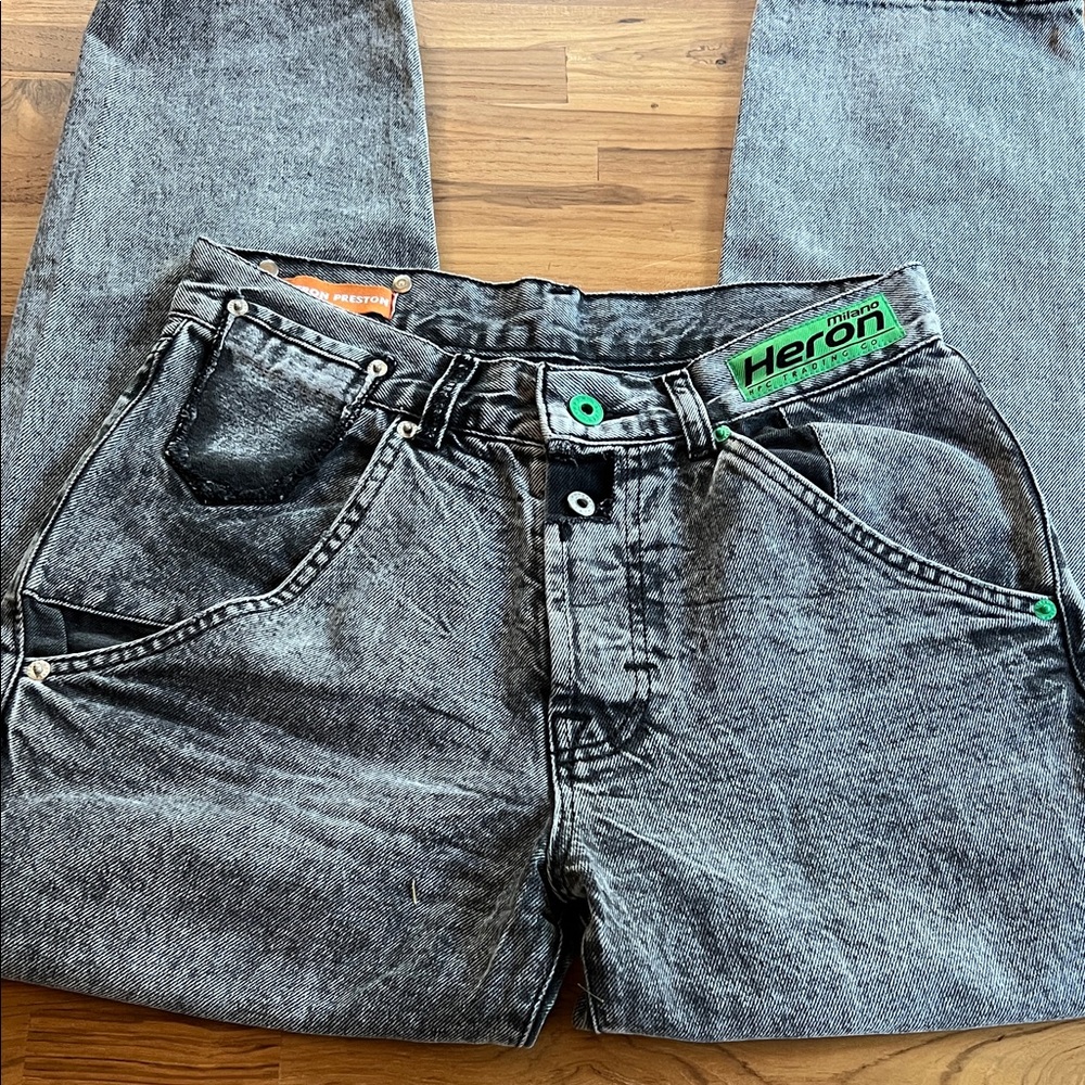 Heron Preston Black Denim Jeans with Green Accents